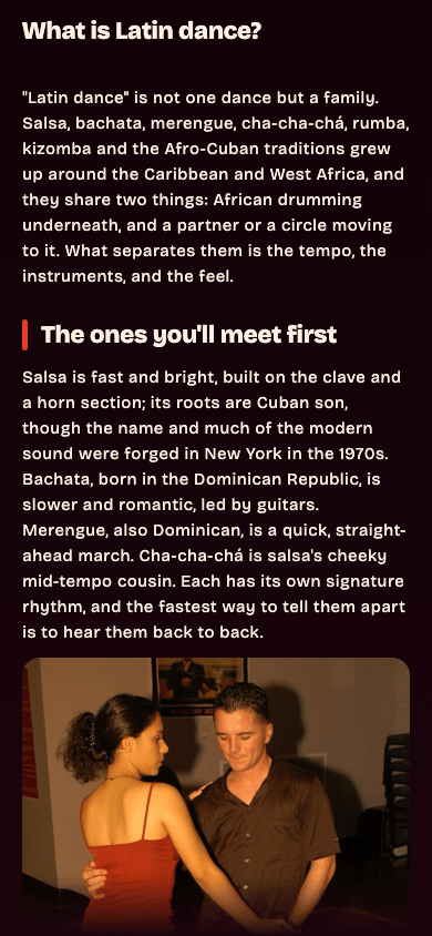 SienteRitmo guide explaining Latin dance instruments, culture, and musicality