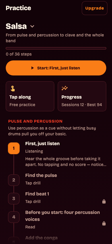 SienteRitmo guided learning paths for salsa, bachata, merengue, kizomba, rumba, and Afro-Cuban rhythm
