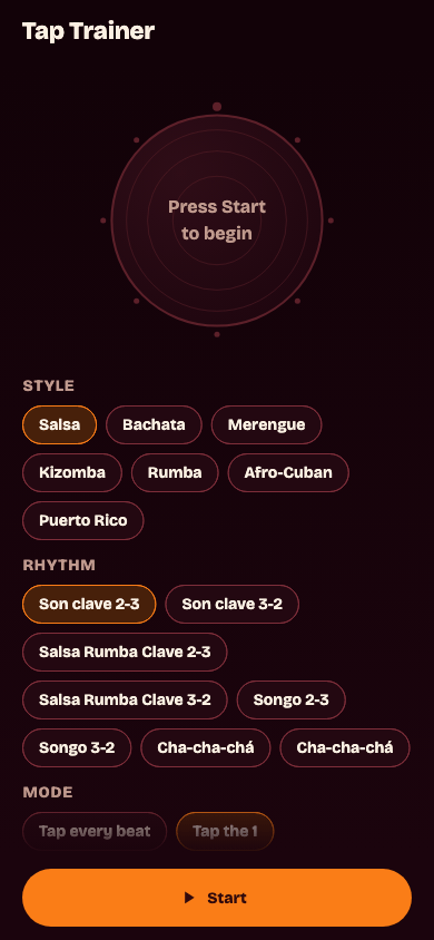 SienteRitmo Tap Trainer with dance style, rhythm, and timing mode controls