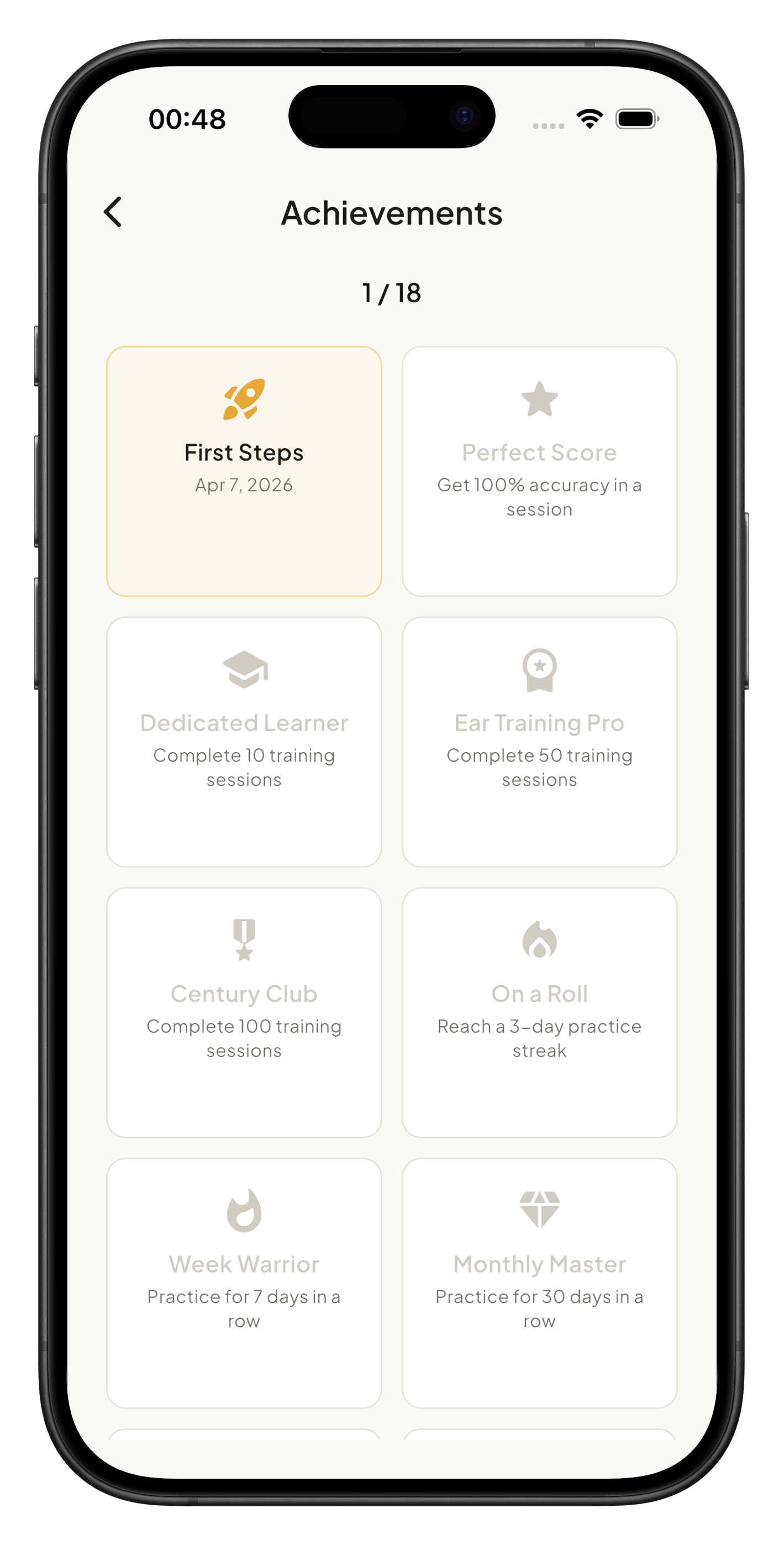 Achievements page with the First Steps badge unlocked and locked milestone badges