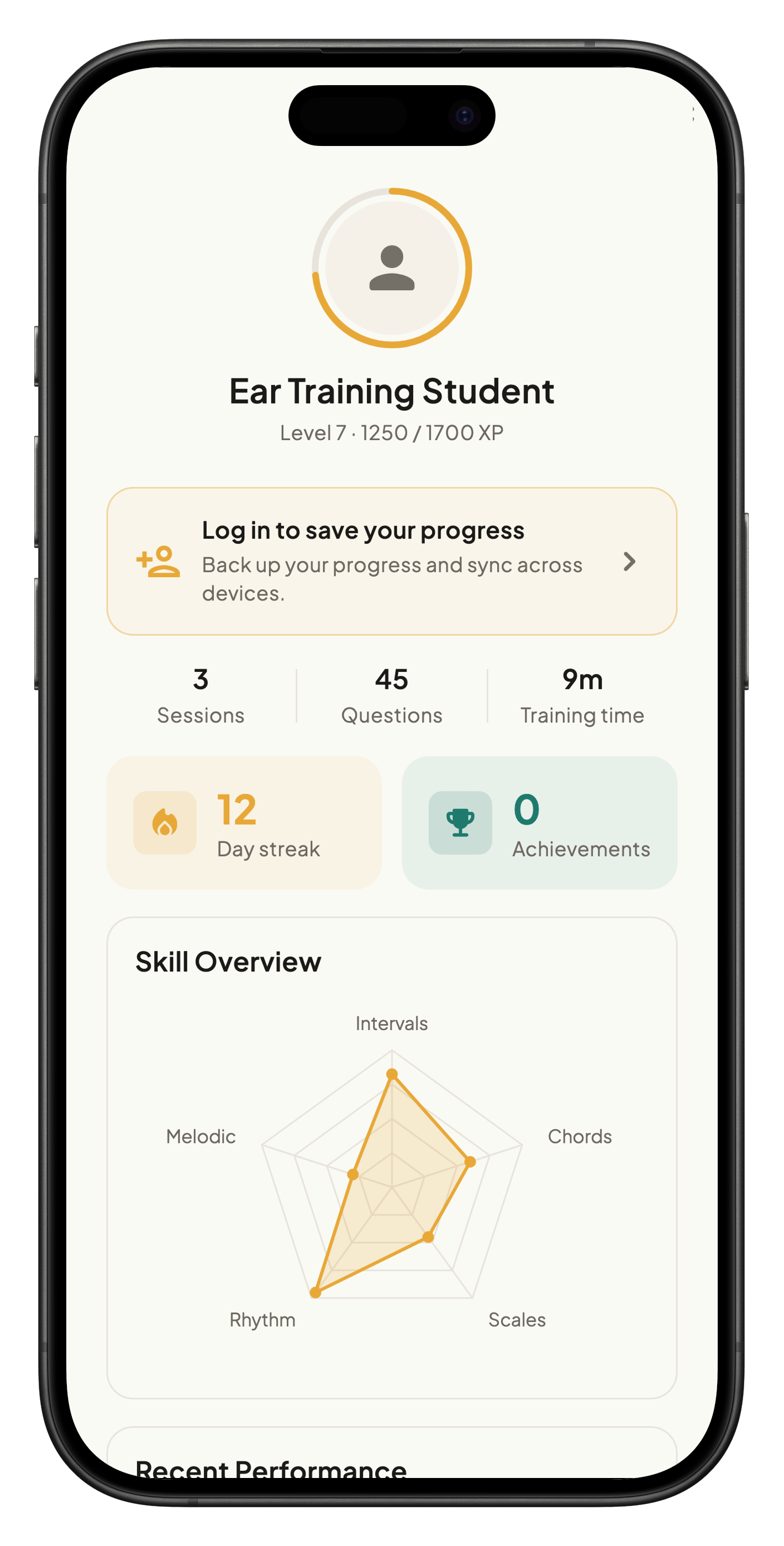 Profile page with level, session stats, day streak, and skill radar chart for intervals, chords, scales, rhythm, and melodic skills