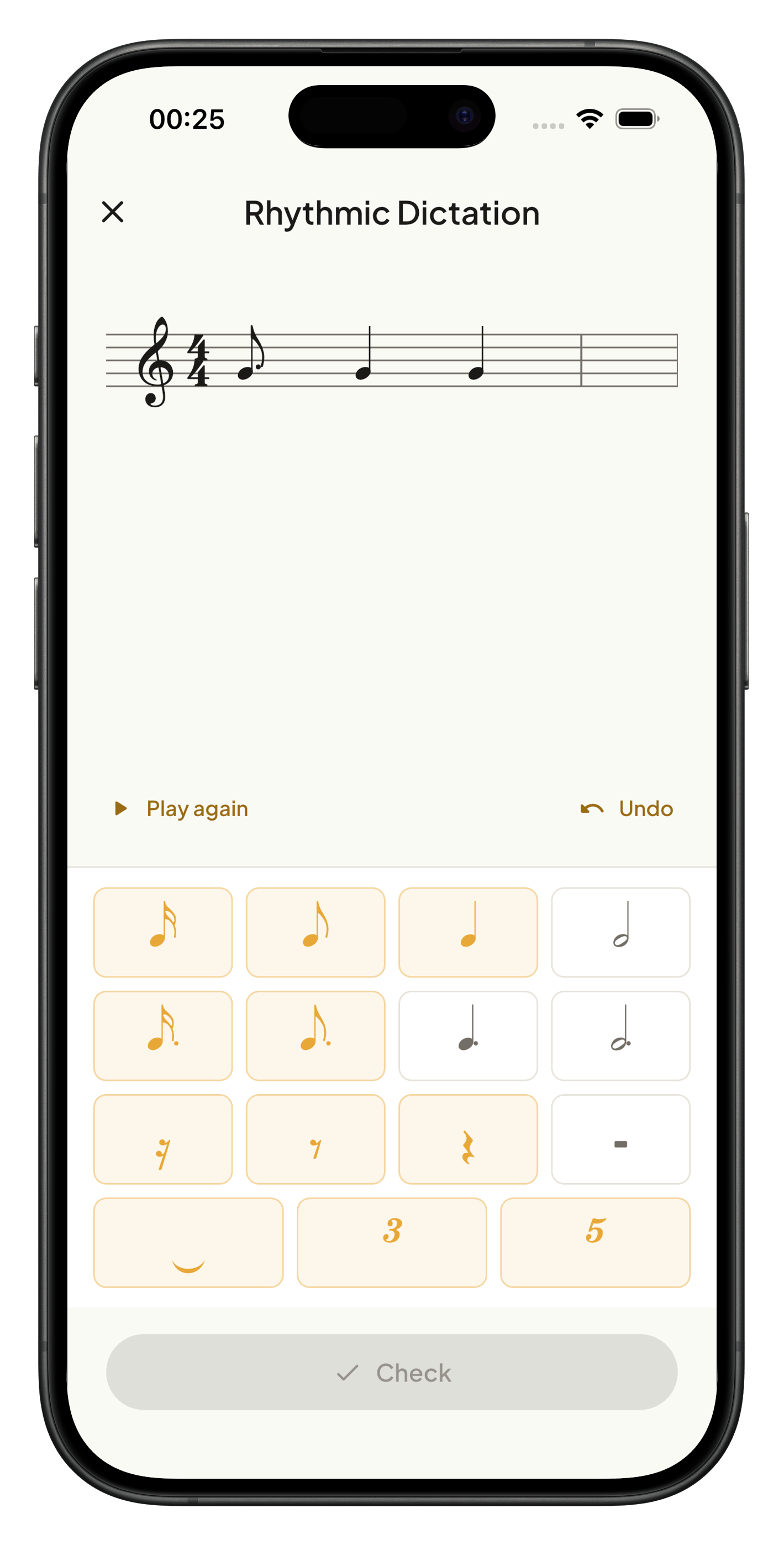 Rhythmic dictation exercise with staff notation and note duration picker