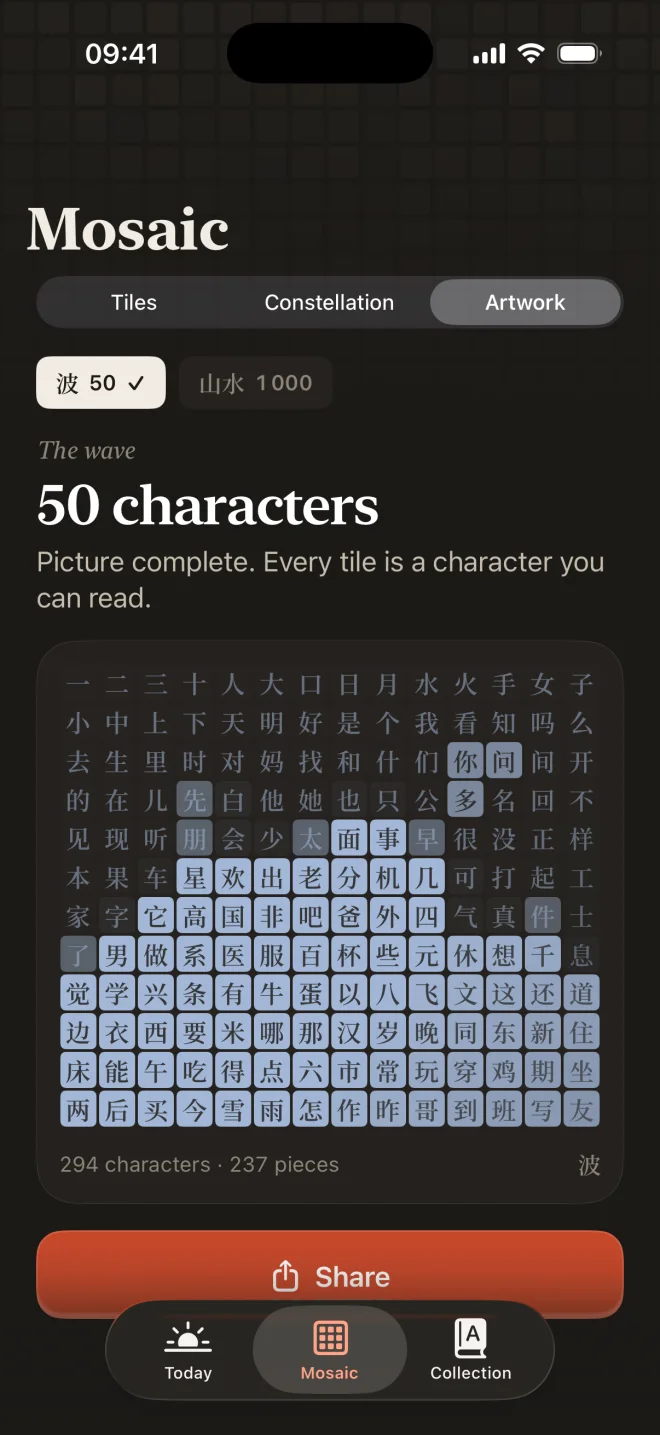 Artwork mode: The Wave picture complete, made of 50 characters the learner can read