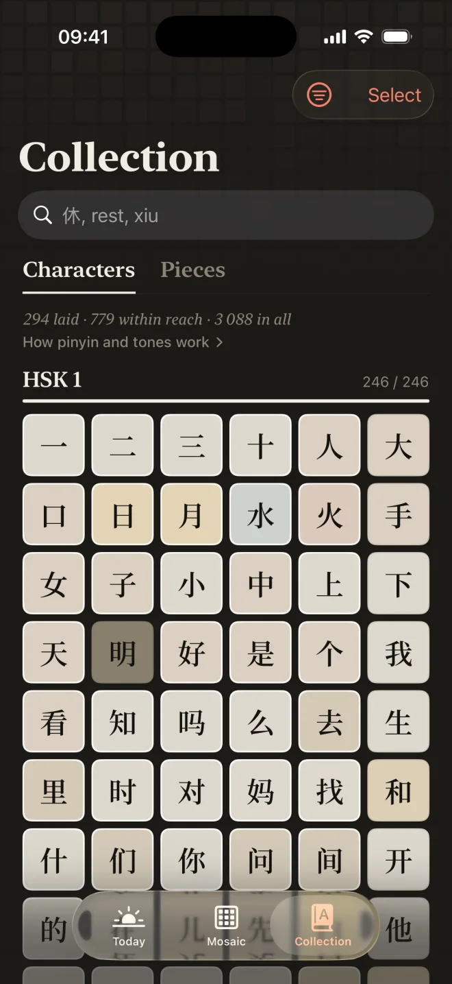 Collection of characters and pieces grouped by HSK level, searchable by character, meaning or pinyin