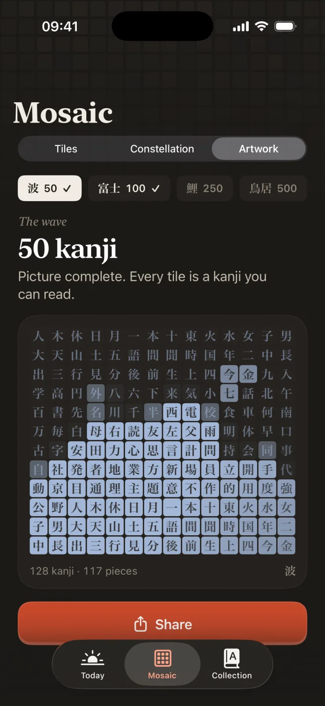 Artwork mode: The Wave picture complete, made of 50 kanji the learner can read