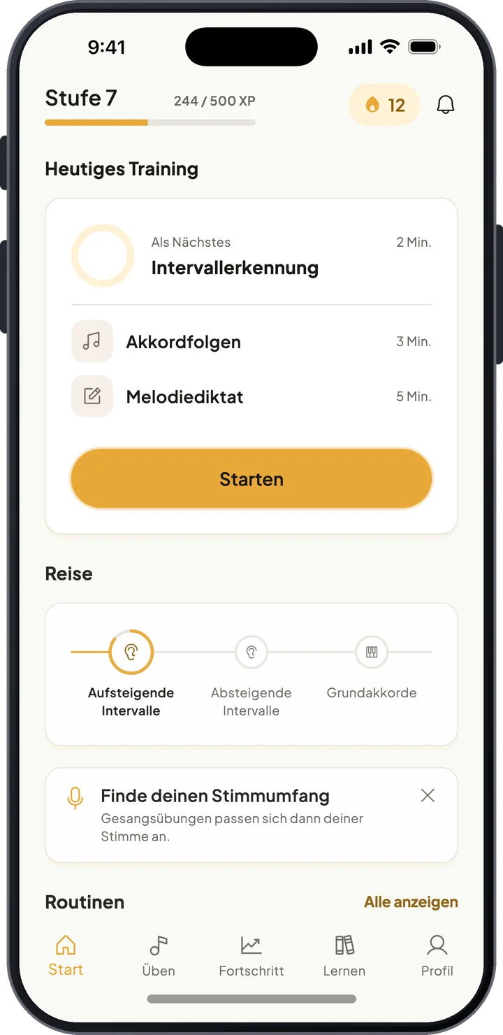 ToneSeed-Startbildschirm mit dem heutigen Training, Stufenfortschritt, Serie und Lernweg