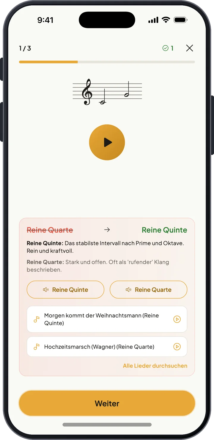 Feedback in der Intervallerkennung: reine Quinte im Vergleich zur reinen Quarte, mit Referenzliedern