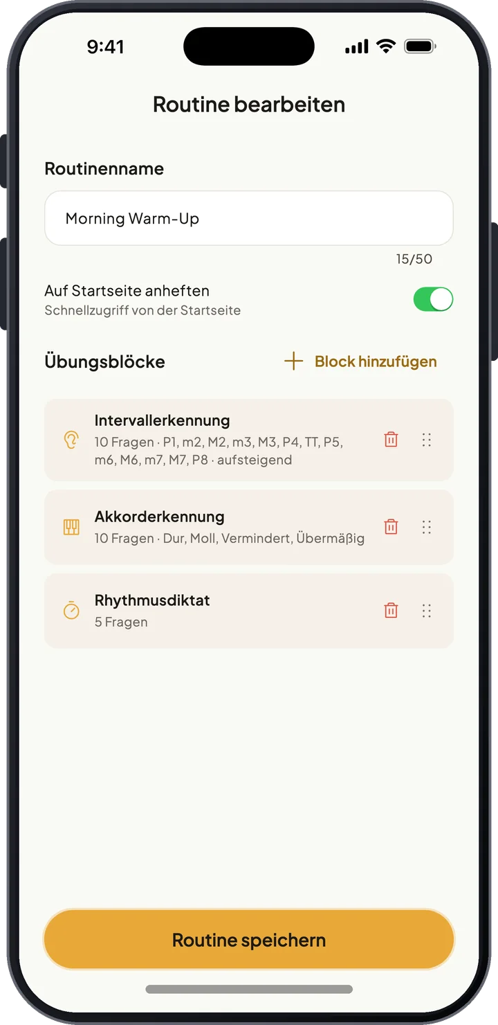 Routinen-Editor: eigene Übungsroutine aus Bausteinen für Intervalle, Akkorde und Rhythmus