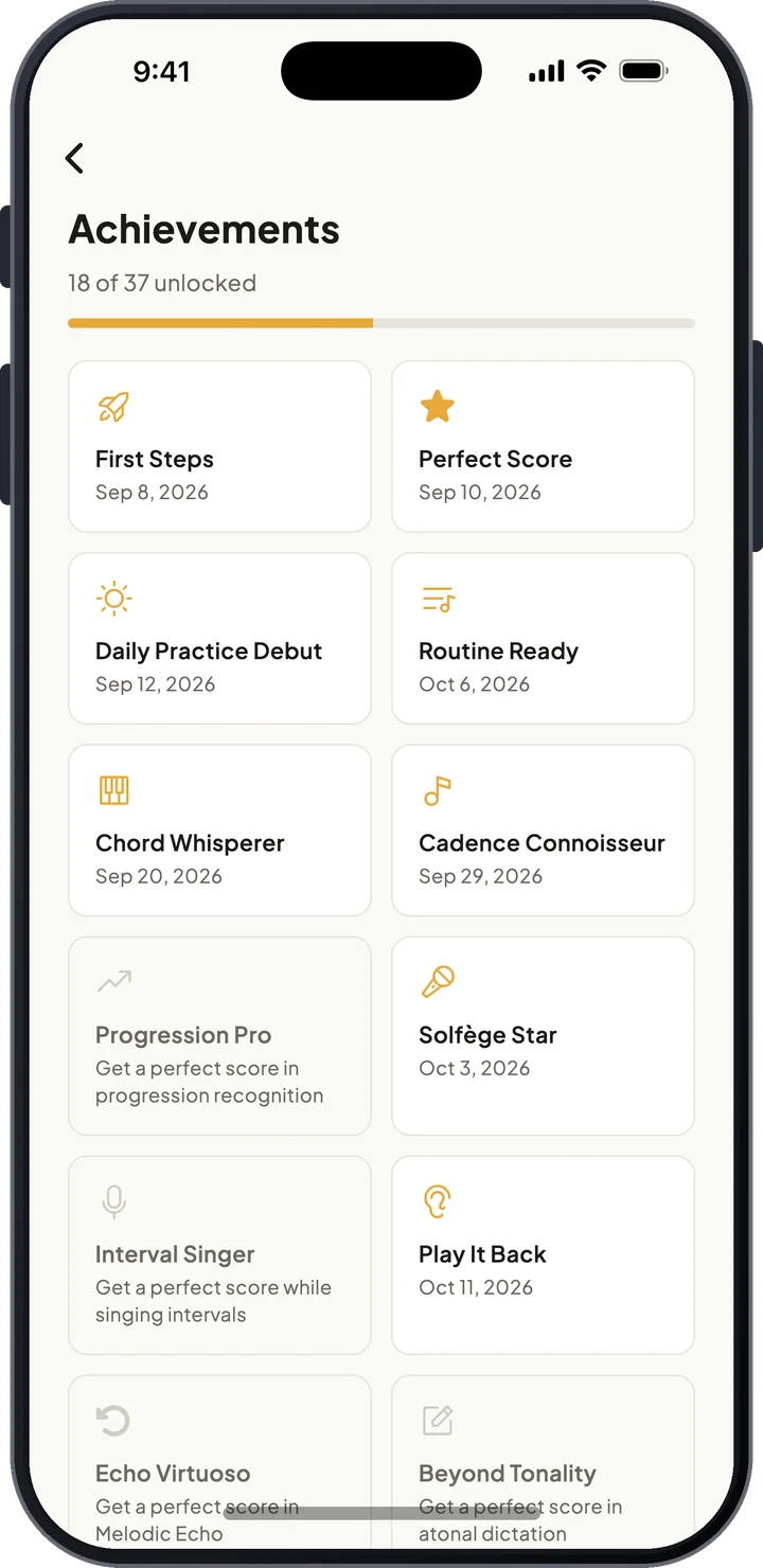 Achievements screen with unlocked and in-progress badges