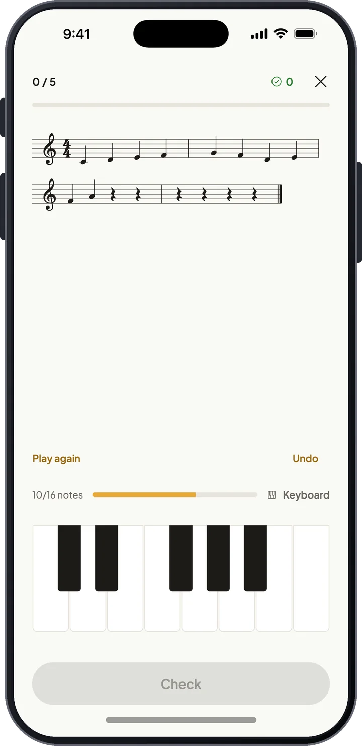 Melodic dictation exercise with two staves of notation and an on-screen piano keyboard