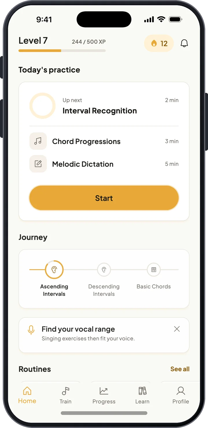 ToneSeed home screen with today's practice plan, level progress, streak, and learning journey