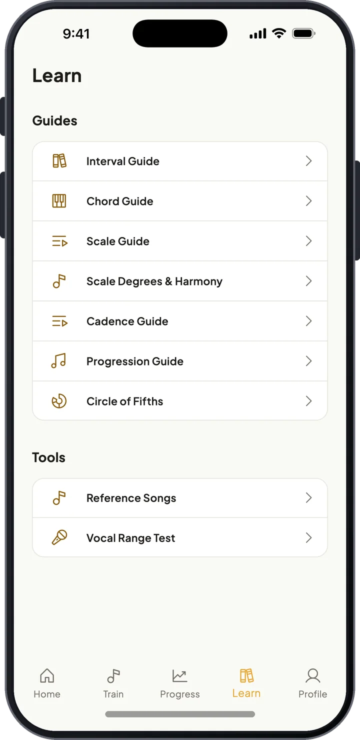 Learn screen with guides for intervals, chords, scales, cadences, the circle of fifths, and reference songs