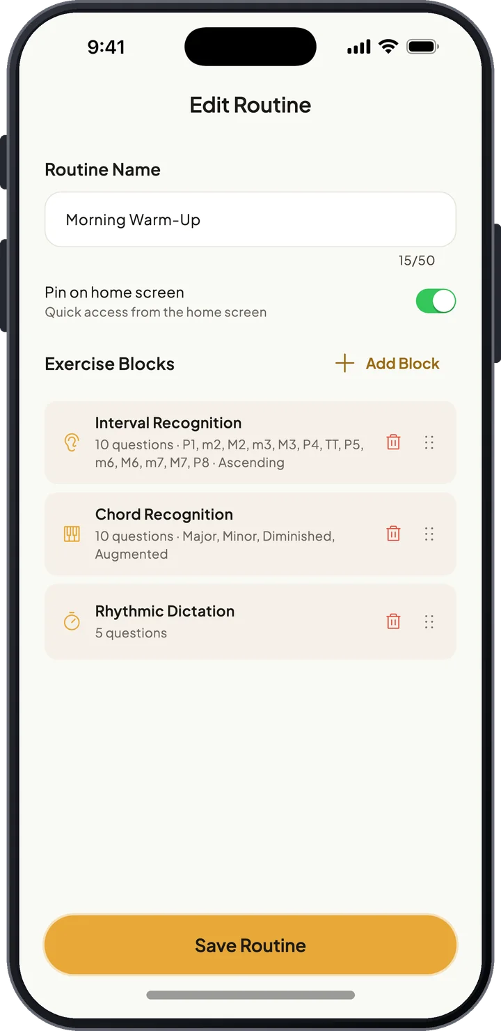 Routine editor building a custom practice routine from interval, chord, and rhythm exercise blocks