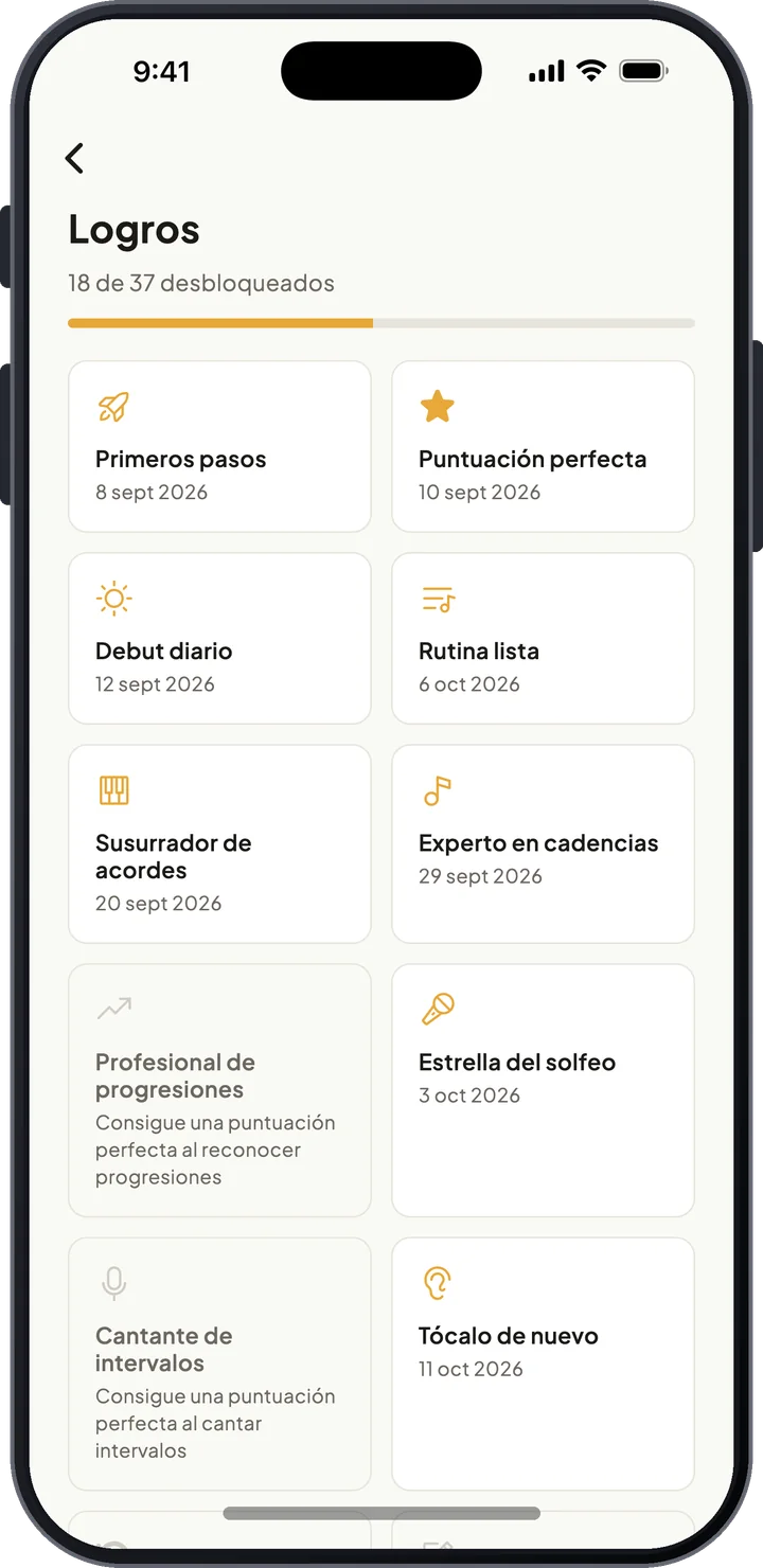 Pantalla de logros con insignias desbloqueadas y en progreso