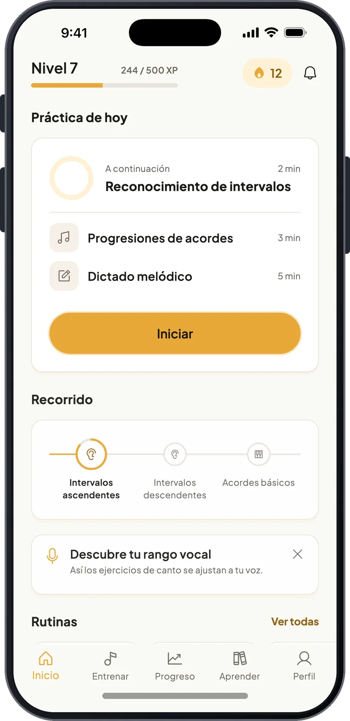 Pantalla de inicio de ToneSeed con la práctica de hoy, el progreso de nivel, la racha y el recorrido de aprendizaje