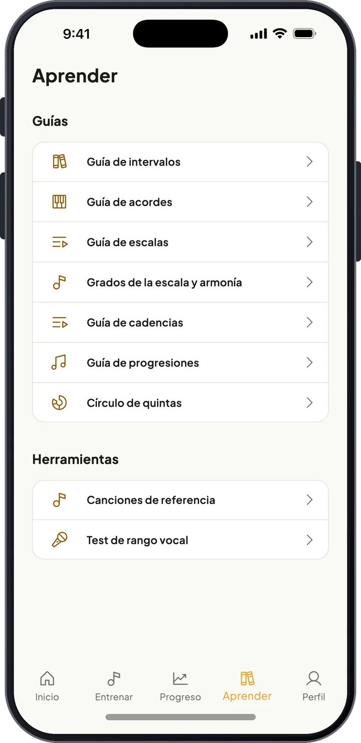 Pantalla Aprender con guías de intervalos, acordes, escalas, cadencias, el círculo de quintas y canciones de referencia