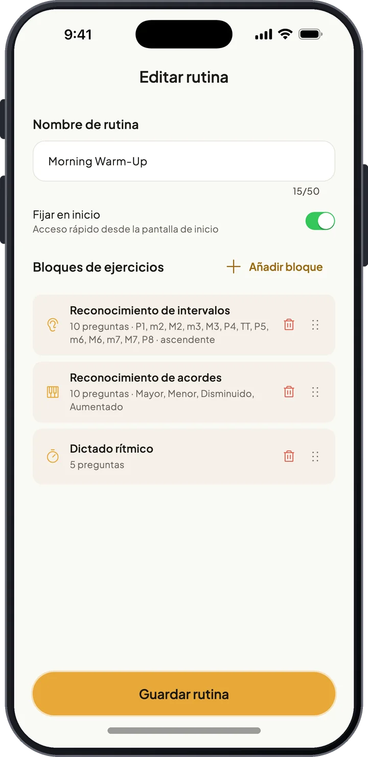 Editor de rutinas creando una rutina personalizada con bloques de intervalos, acordes y ritmo