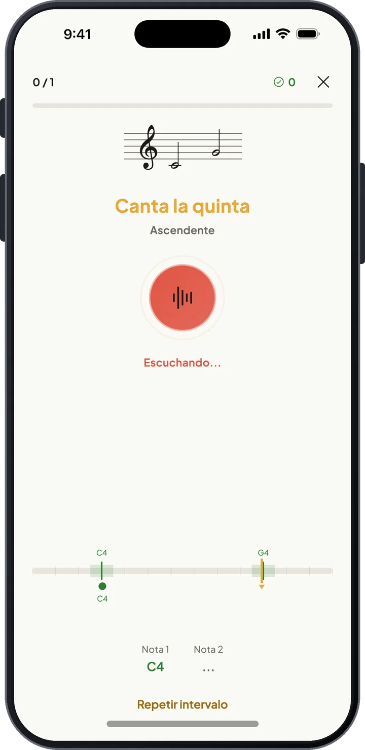 Ejercicio de canto de intervalos que pide cantar una quinta justa ascendente, con seguimiento de la afinación en directo