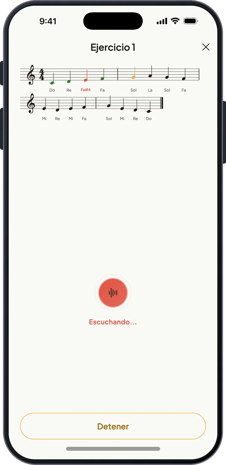 Ejercicio de canto de solfeo con notación y detección de tono en directo