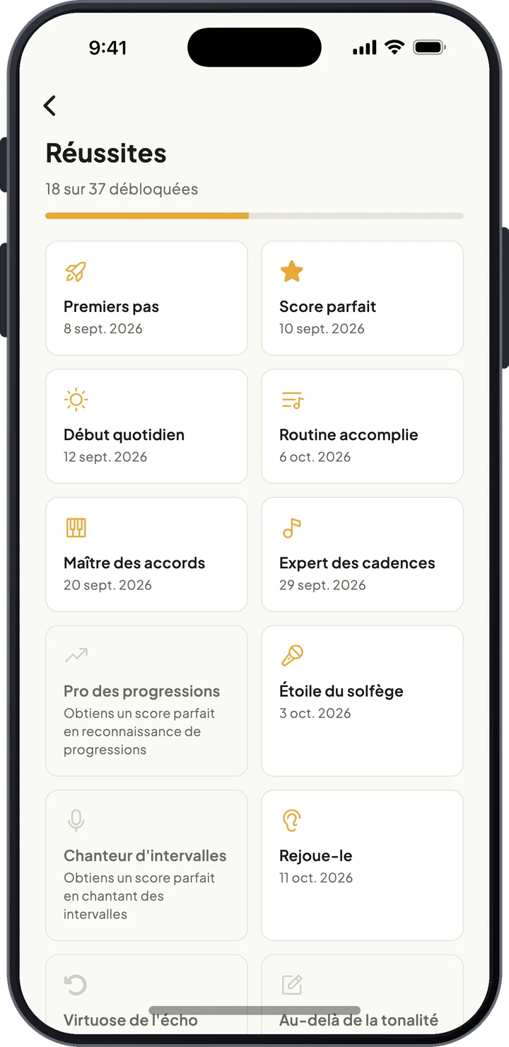 Écran des réussites avec badges débloqués et en cours