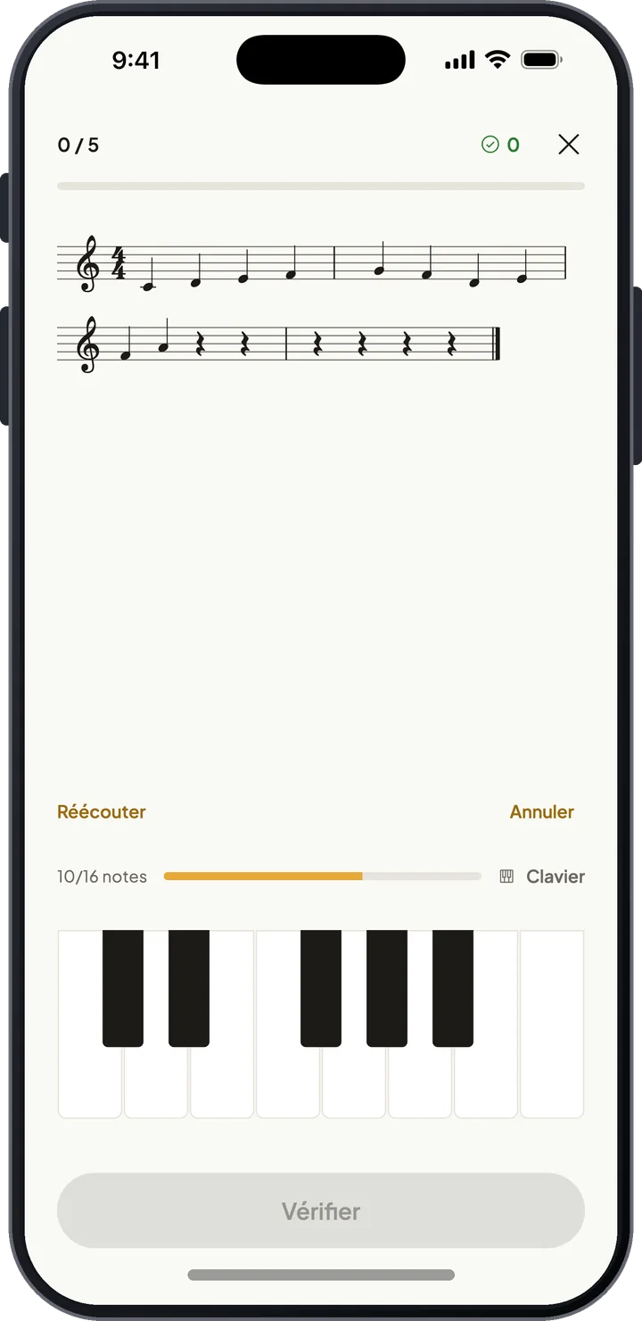 Exercice de dictée mélodique avec notation sur deux portées et clavier de piano à l’écran