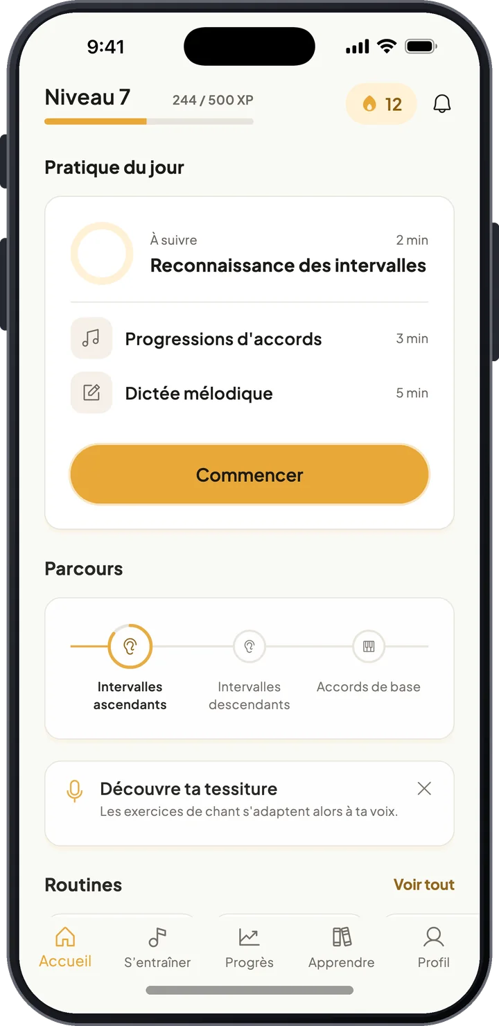 Écran d’accueil de ToneSeed avec la pratique du jour, la progression de niveau, la série et le parcours d’apprentissage