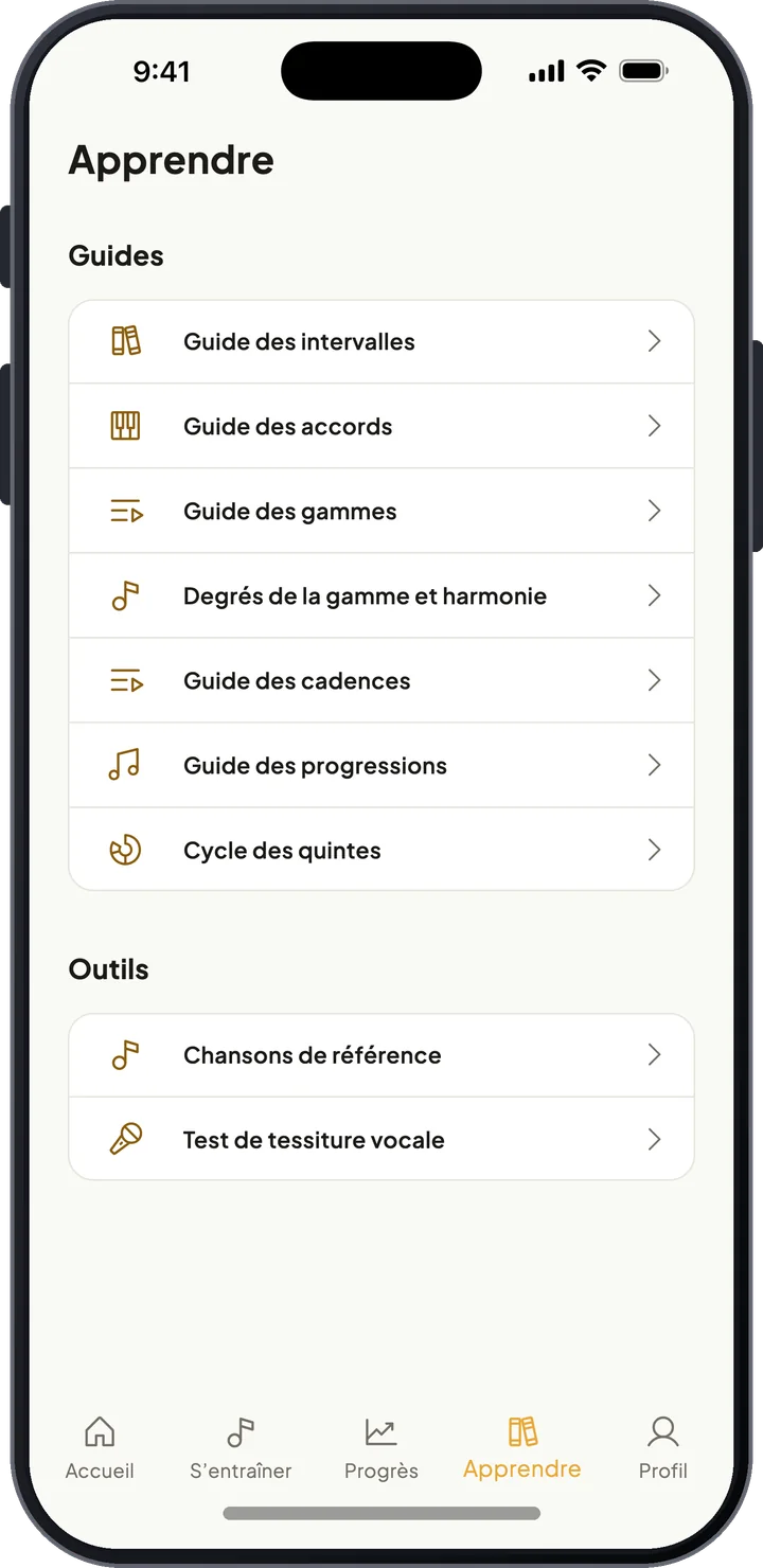 Écran Apprendre avec guides sur les intervalles, accords, gammes, cadences, le cycle des quintes et les chansons de référence