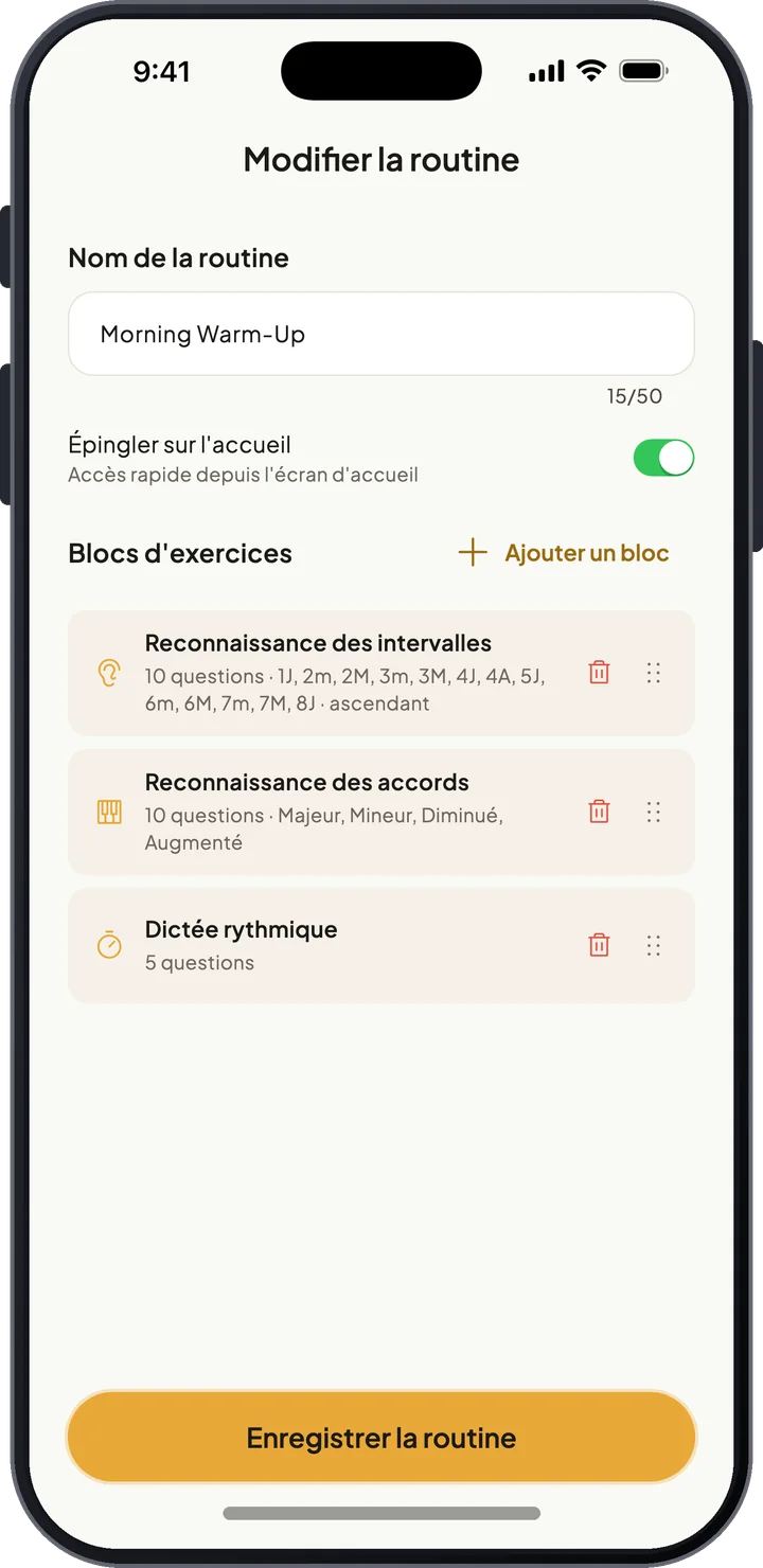 Éditeur de routines créant une routine personnalisée avec des blocs d’intervalles, d’accords et de rythme