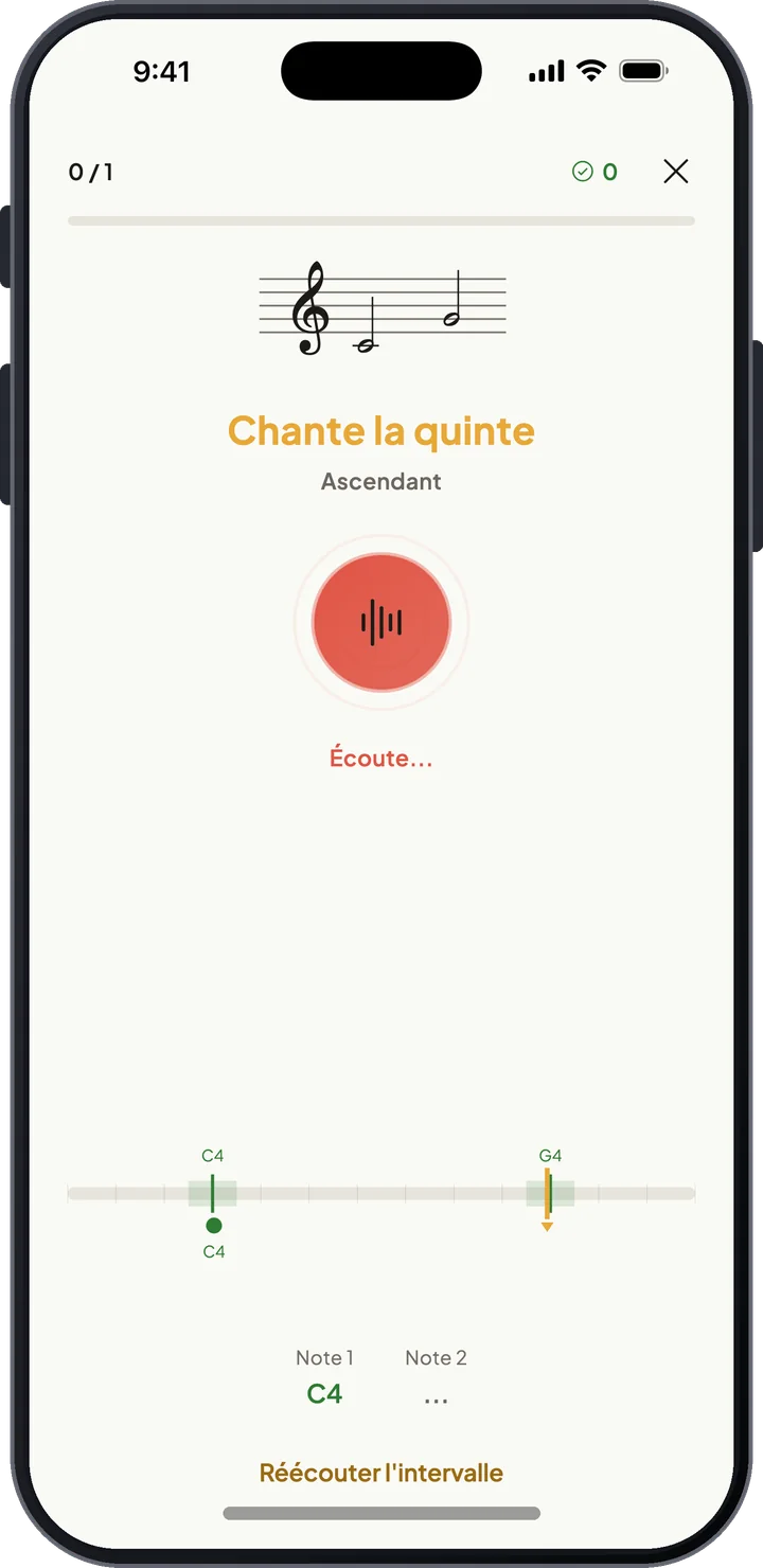 Exercice de chant d’intervalles demandant de chanter une quinte juste ascendante, avec suivi de la hauteur en direct