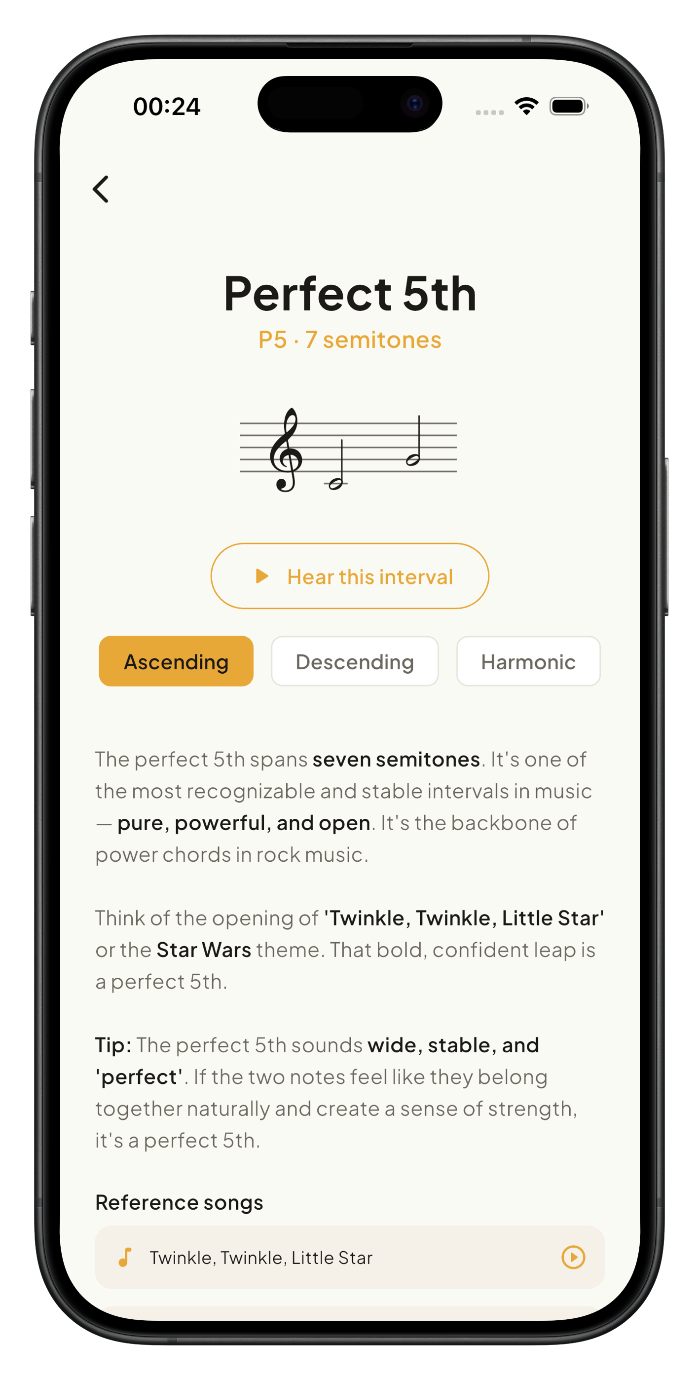 Perfect 5th interval guide with staff notation, description, and reference songs