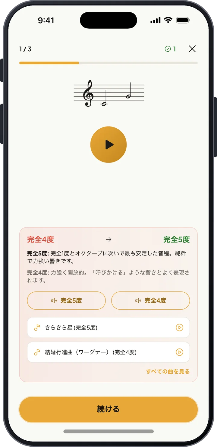 完全5度と完全4度を比べる、音程の聴き分けの回答フィードバックと参考曲
