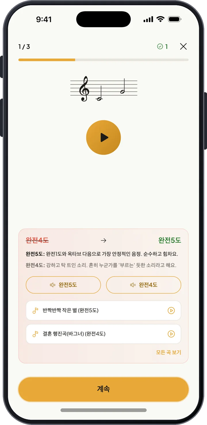 완전5도와 완전4도를 비교하는 음정 식별 정답 피드백과 기준 곡