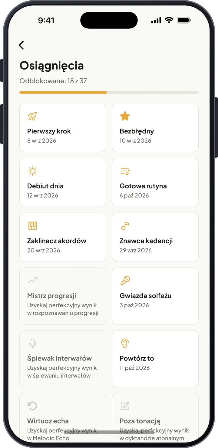 Ekran osiągnięć z odblokowanymi i zdobywanymi odznakami