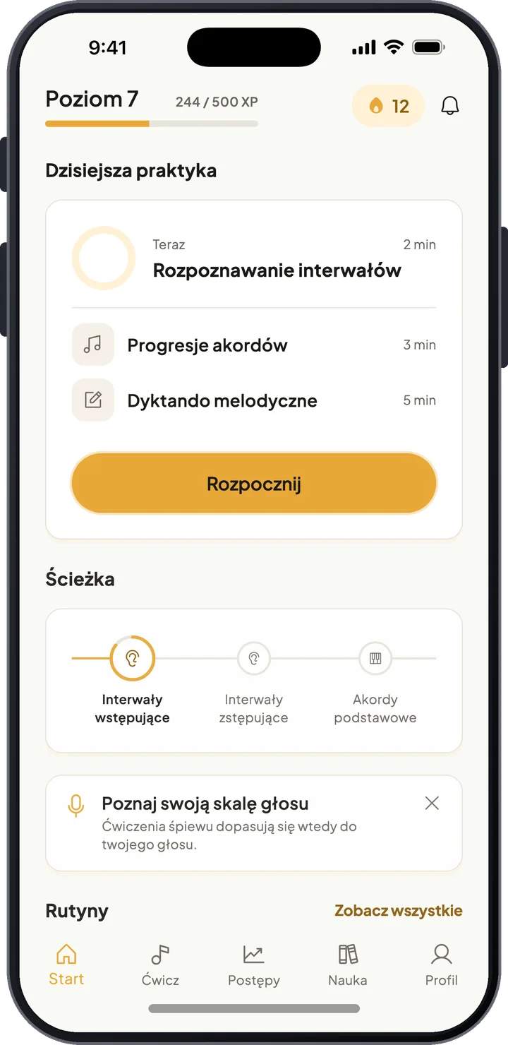 Ekran główny ToneSeed z dzisiejszym planem ćwiczeń, postępem poziomu, serią dni z rzędu i ścieżką nauki