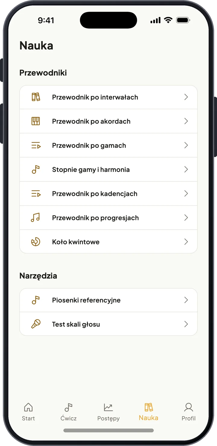 Ekran Nauka z przewodnikami po interwałach, akordach, skalach, kadencjach, kole kwintowym i piosenkach referencyjnych