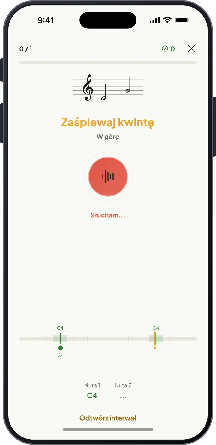 Śpiewanie interwałów: zadanie zaśpiewania kwinty czystej w górę ze śledzeniem wysokości na żywo