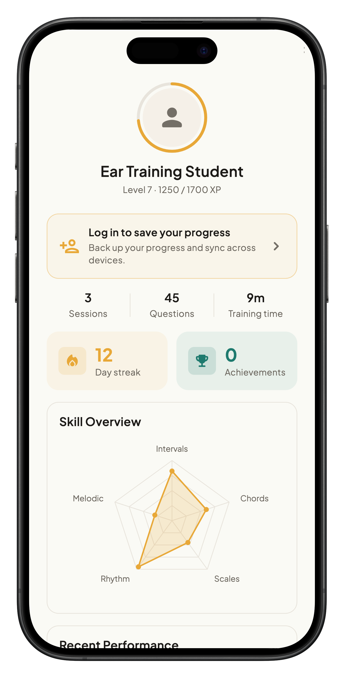 Profile page with level, session stats, day streak, and skill radar chart for intervals, chords, scales, rhythm, and melodic skills