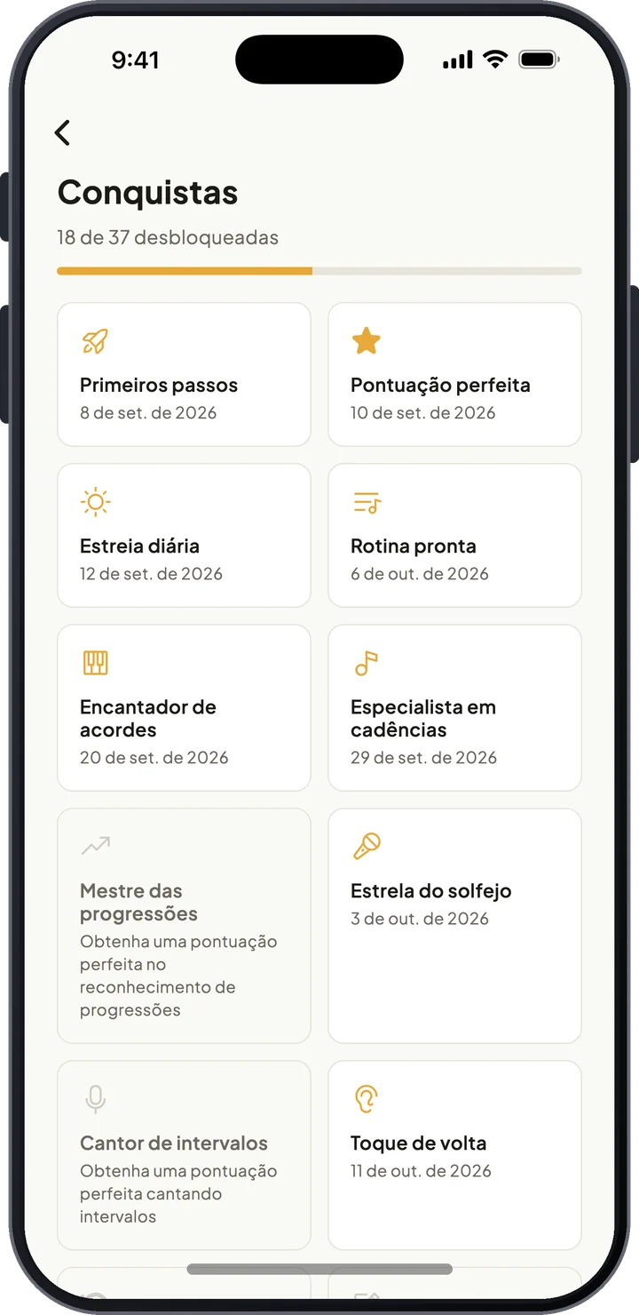 Tela de conquistas com medalhas desbloqueadas e em andamento