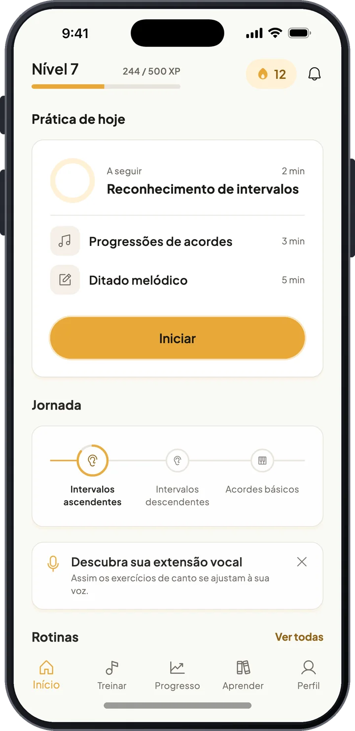 Tela inicial do ToneSeed com a prática de hoje, o progresso de nível, a sequência e a jornada de aprendizado