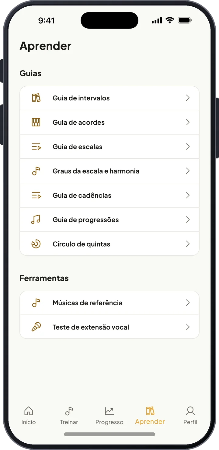 Tela Aprender com guias de intervalos, acordes, escalas, cadências, o círculo de quintas e músicas de referência
