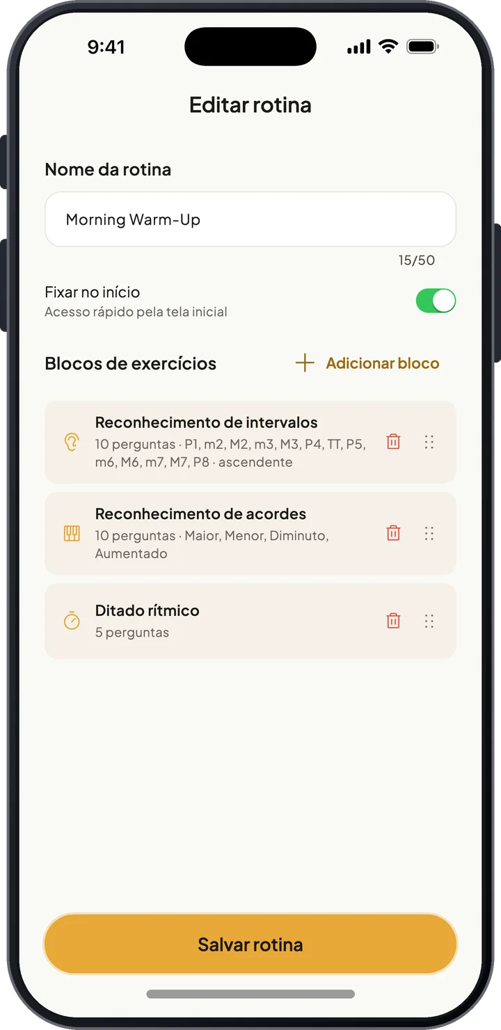Editor de rotinas montando uma rotina personalizada com blocos de intervalos, acordes e ritmo