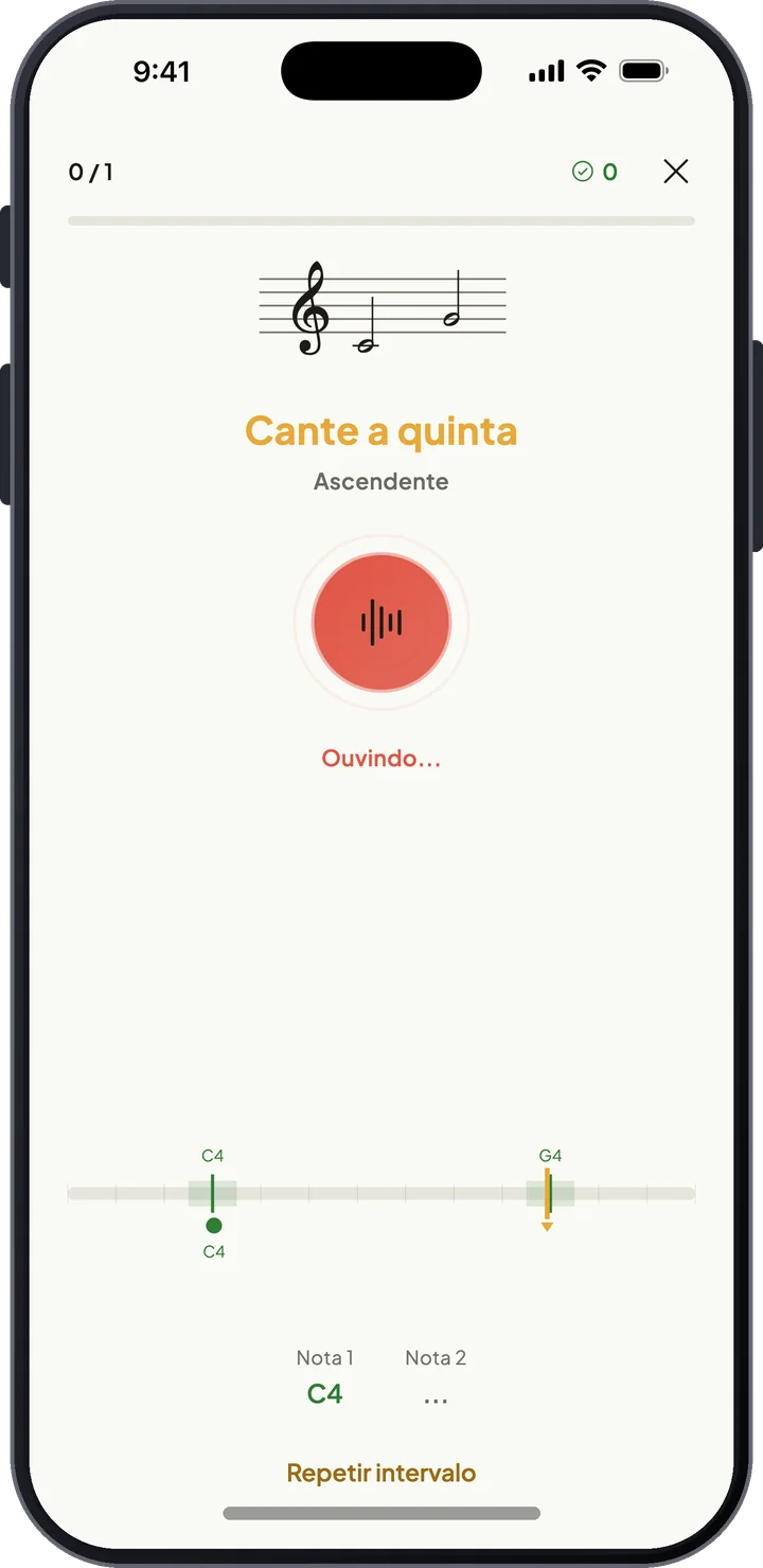 Exercício de canto de intervalos pedindo para cantar uma quinta justa ascendente, com acompanhamento da afinação ao vivo