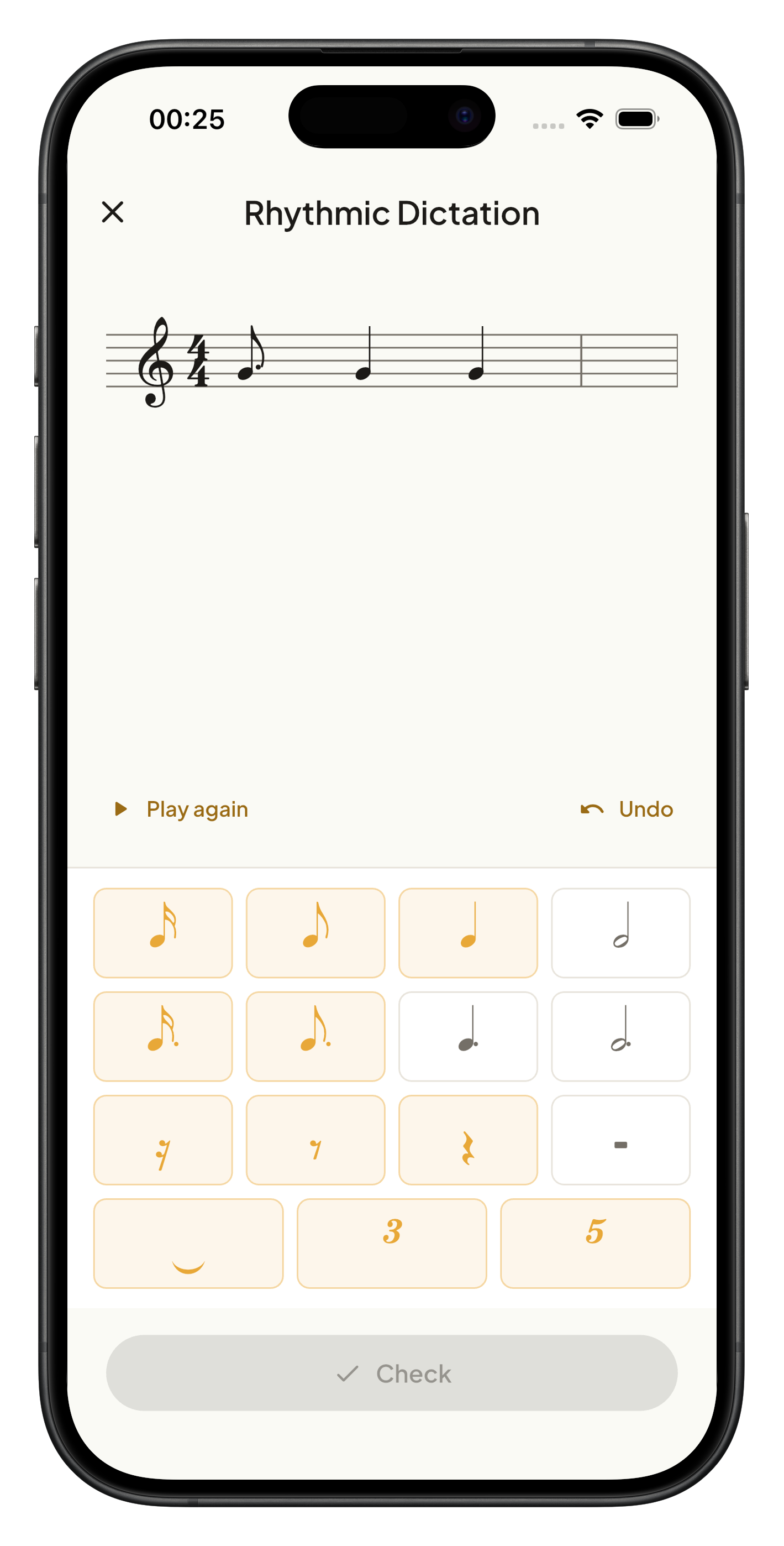 Rhythmic dictation exercise with staff notation and note duration picker