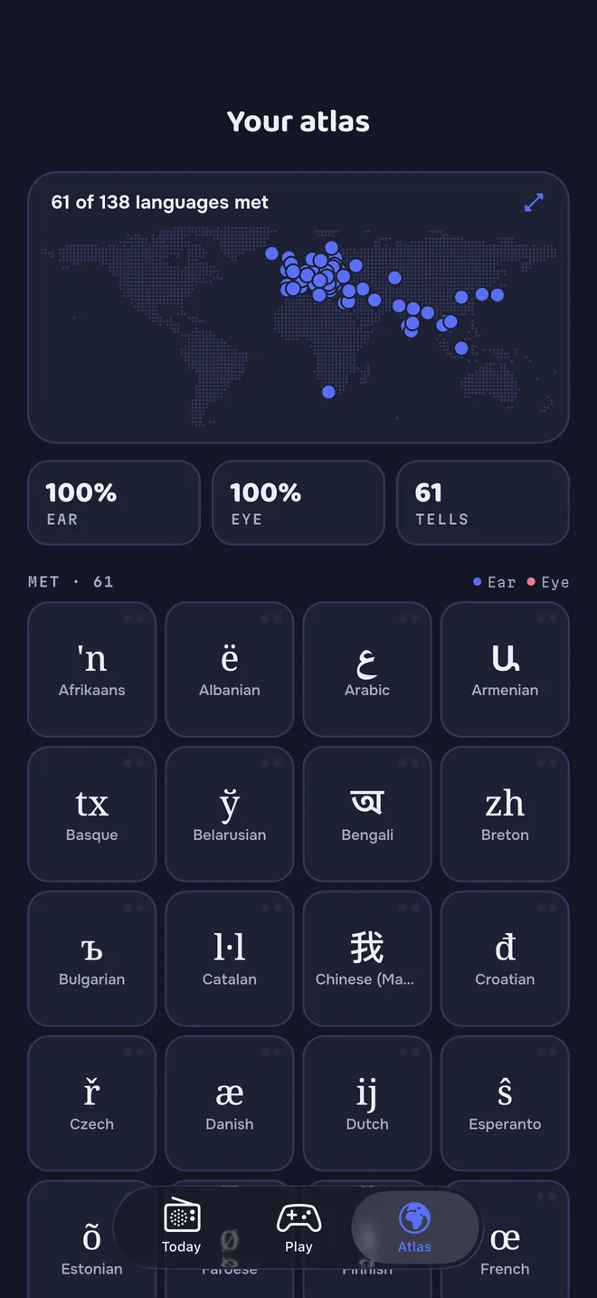 Atlas: 61 of 138 languages met on a world map, with a tile for each language's tell