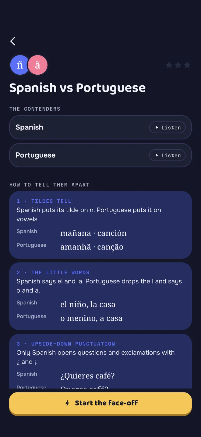 Spanish vs Portuguese face-off: how to tell them apart, with example words side by side