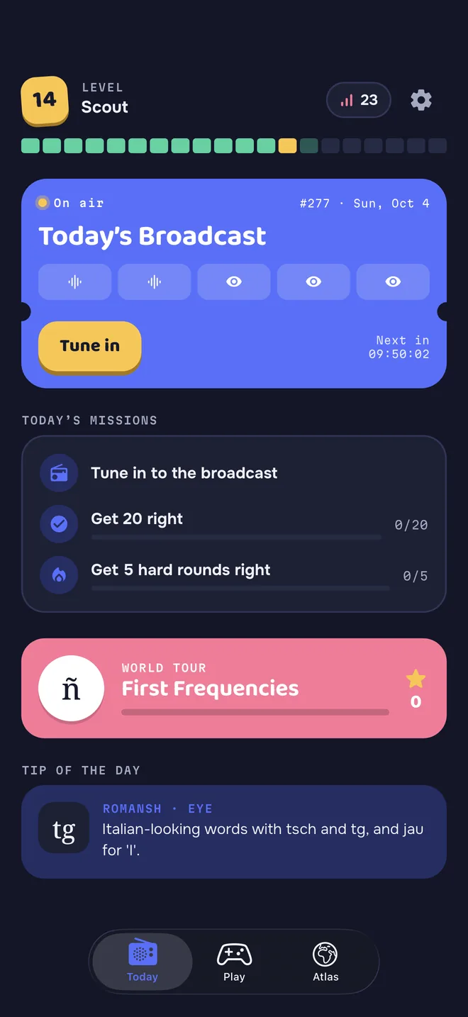 Today tab: the daily broadcast, today's missions, World Tour progress and tip of the day